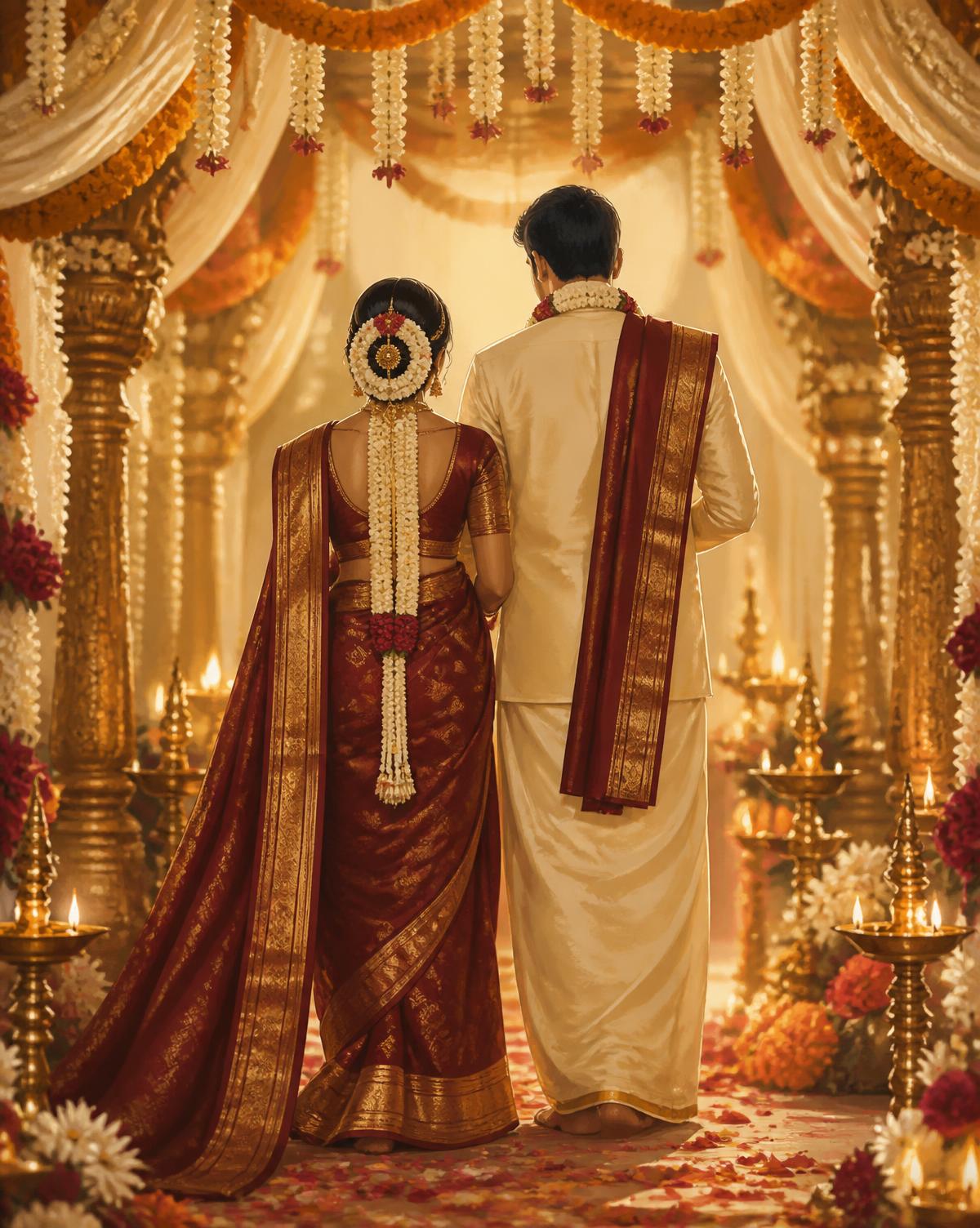 Illustration of a bride and groom in silk wedding attire beneath a floral mandapam