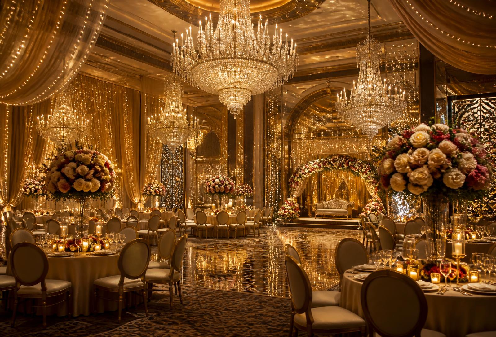 Luxury wedding reception ballroom with crystal chandeliers