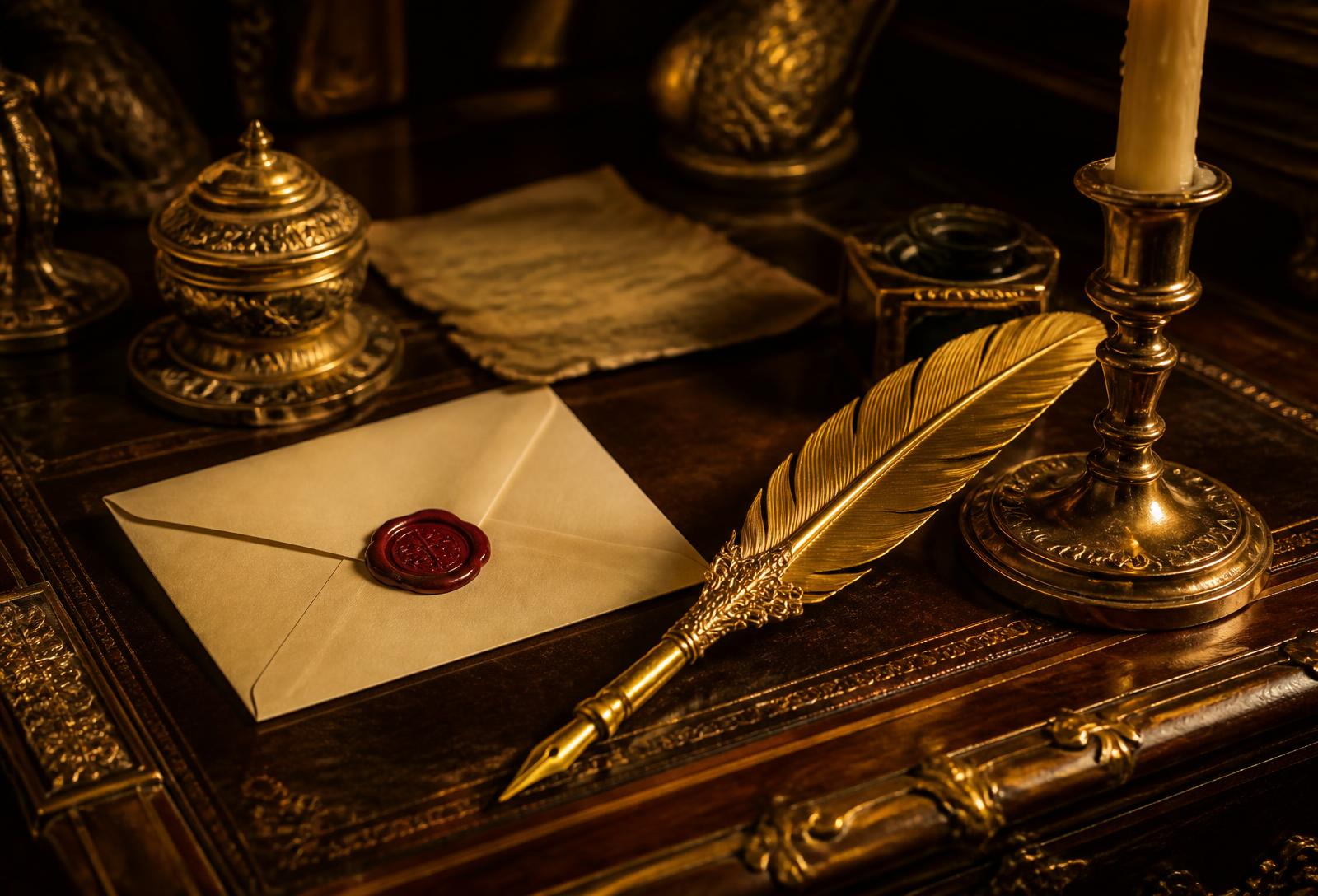 Royal writing desk with golden quill and wax-sealed envelope