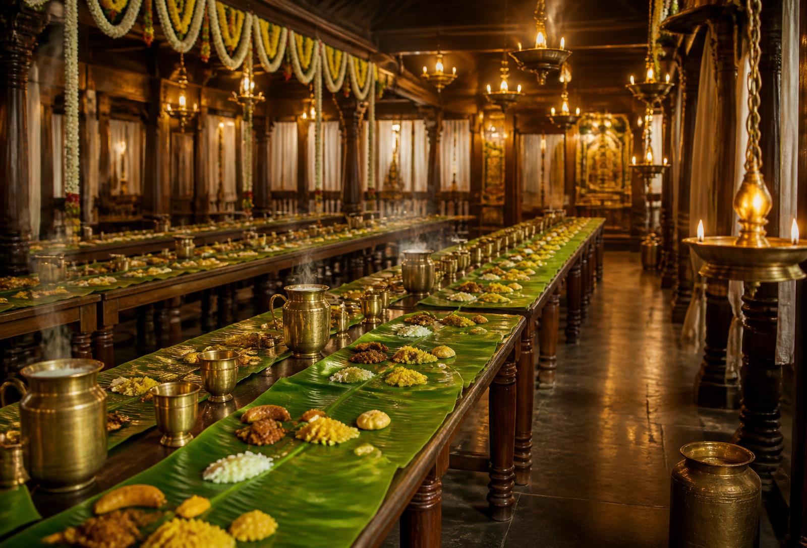 Traditional dining hall with banana leaves set for a wedding feast