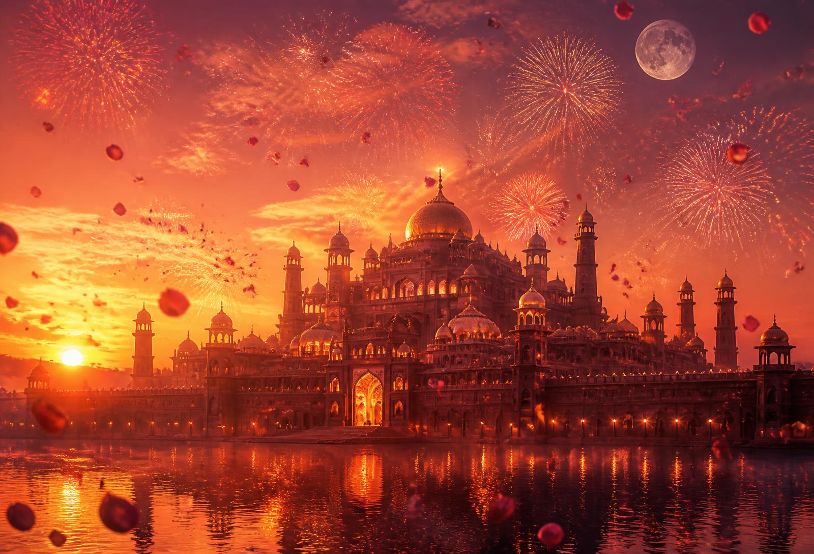 Palace silhouetted against a sunset sky filled with fireworks and a rising moon