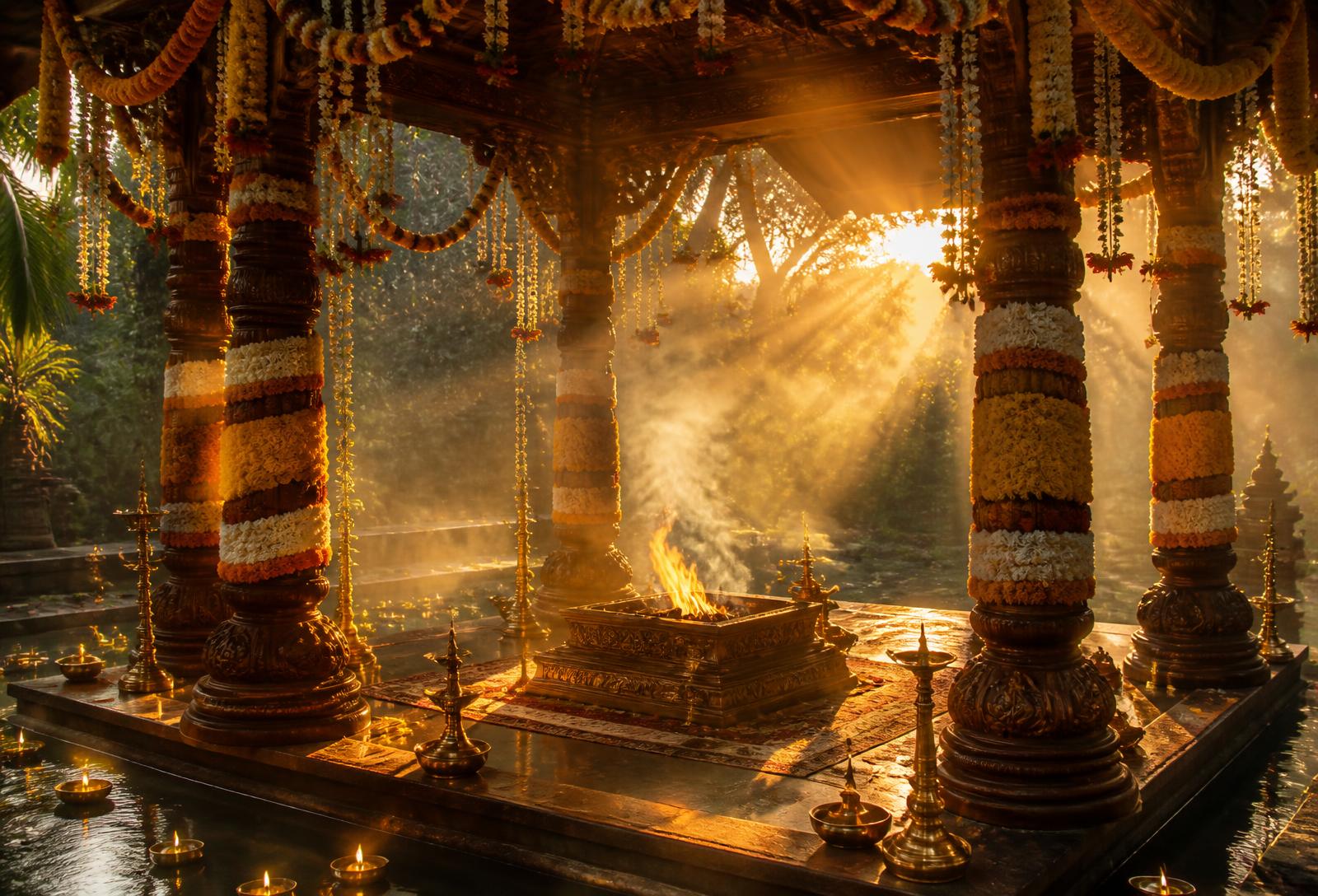 Wedding mandapam at sunrise with sacred fire, garlands and sunlight rays