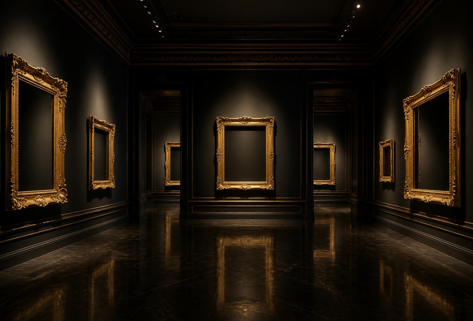 Dark luxury gallery with golden picture frames
