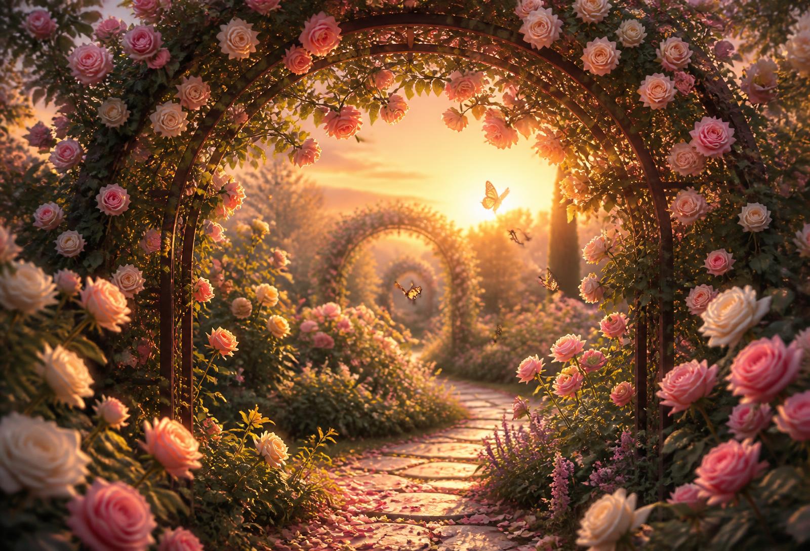 Rose garden archway at golden hour with butterflies