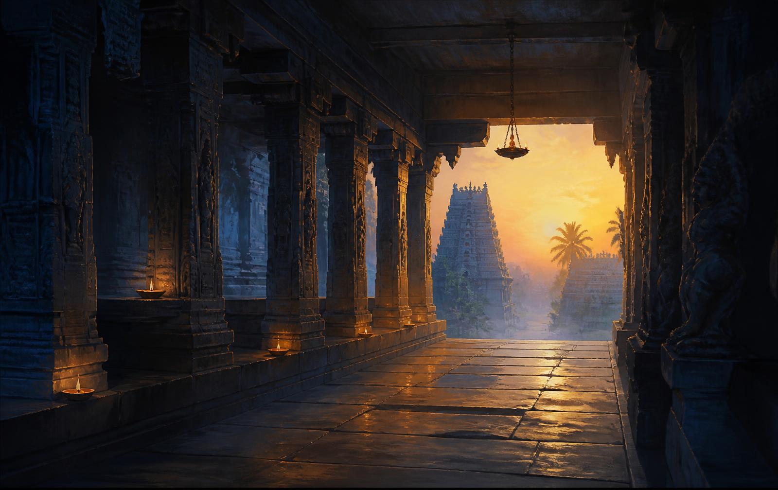 Stone corridor at dawn lit by oil lamps